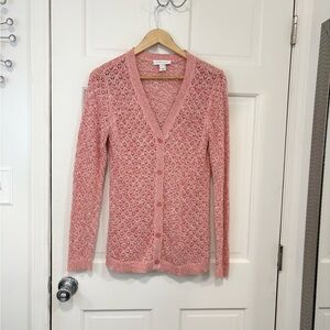 Christopher & Banks Open Knit Cardigan Sweater 100% Cotton Pink Lace Knit Size S